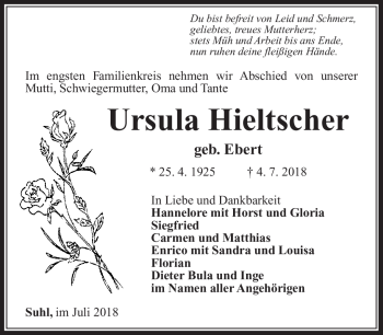 Traueranzeige von Ursula Hieltscher von Südthüringer Presse