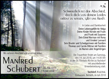 Traueranzeige von Manfred Schubert von Südthüringer Presse