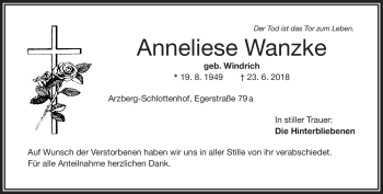 Traueranzeige von Anneliese Wanzke von Frankenpost