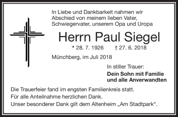 Traueranzeige von Paul Siegel von Frankenpost