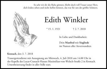 Traueranzeige von Edith Winkler von Neue Presse Coburg