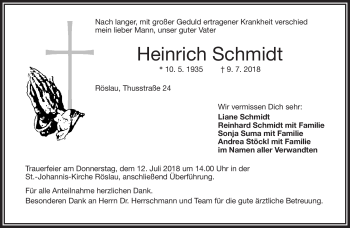 Traueranzeige von Heinrich Schmidt von Frankenpost