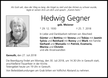 Traueranzeige von Hedwig Gegner von Neue Presse Coburg