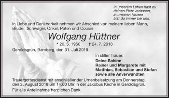 Traueranzeige von Wolfgang Hüttner von Frankenpost