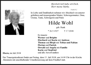 Traueranzeige von Hilde Wohl von Neue Presse Coburg