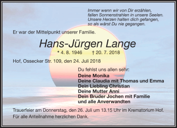 Traueranzeige von Hans-Jürgen Lange von Frankenpost