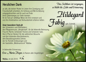 Traueranzeige von Hildegard Fabig von Südthüringer Presse