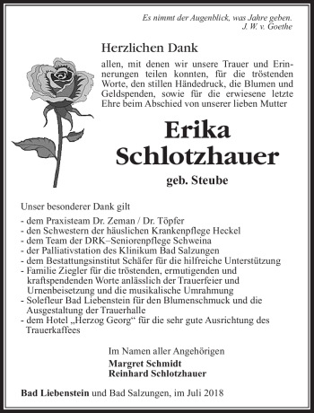 Traueranzeige von Erika Schlotzhauer von Südthüringer Presse