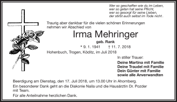 Traueranzeige von Irma Mehringer von Frankenpost