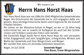 Traueranzeige von Hans Haas von Frankenpost