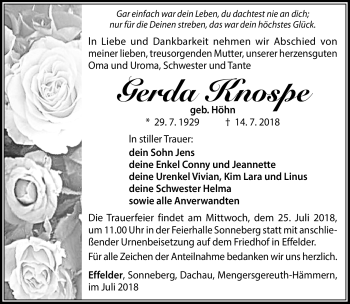 Traueranzeige von Gerda Knospe von Südthüringer Presse