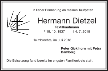 Traueranzeige von Hermann Dietzel von Frankenpost