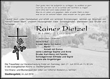 Traueranzeige von Rainer Dietzel von Südthüringer Presse