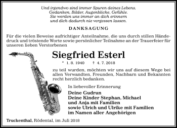 Traueranzeige von Siegfried Esterl von Südthüringer Presse