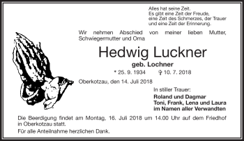 Traueranzeige von Hedwig Luckner von Frankenpost
