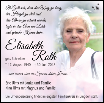 Traueranzeige von Elisabeth Roth von Südthüringer Presse