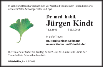 Traueranzeige von Jürgen Kindt von Südthüringer Presse