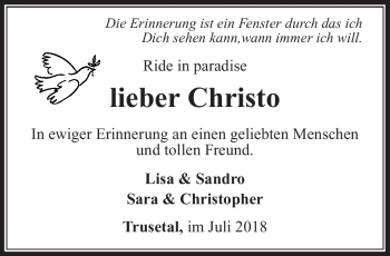 Traueranzeige von Christo KA von Südthüringer Presse