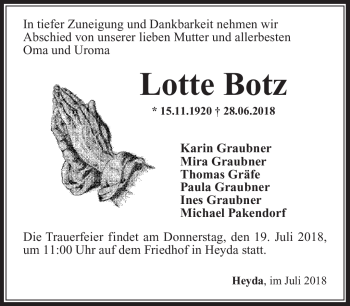 Traueranzeige von Lotte Botz von Südthüringer Presse