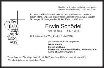 Traueranzeige von Erwin Schödel von Frankenpost