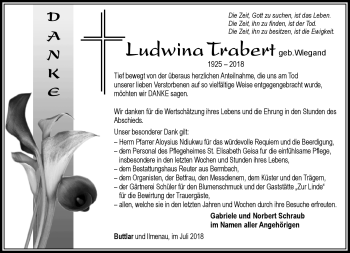 Traueranzeige von Ludwina Trabert von Südthüringer Presse
