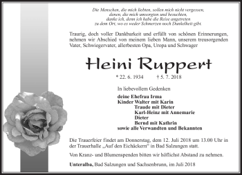 Traueranzeige von Heini Ruppert von Südthüringer Presse