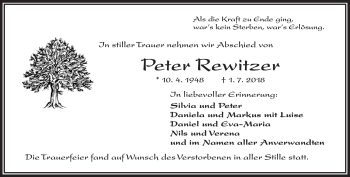Traueranzeige von Peter Rewitzer von Frankenpost