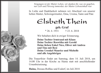 Traueranzeige von Elsbeth Thein von Südthüringer Presse