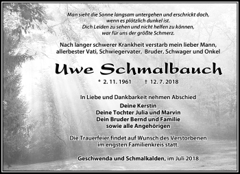 Traueranzeige von Uwe Schmalbauch von Südthüringer Presse