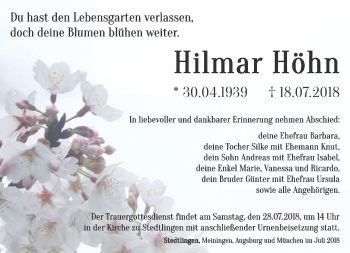 Traueranzeige von Hilmar Höhn von Südthüringer Presse