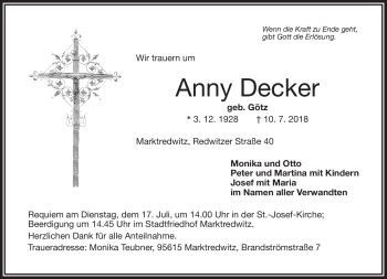 Traueranzeige von Anny Decker von Frankenpost