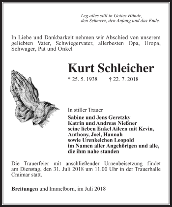 Traueranzeige von Kurt Schleicher von Südthüringer Presse
