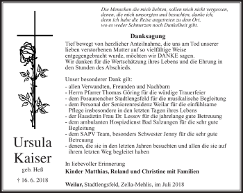 Traueranzeige von Ursula Kaiser von Südthüringer Presse