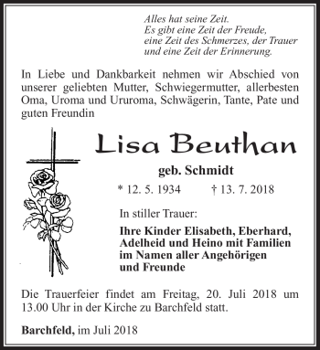 Traueranzeige von Lisa Beuthan von Südthüringer Presse