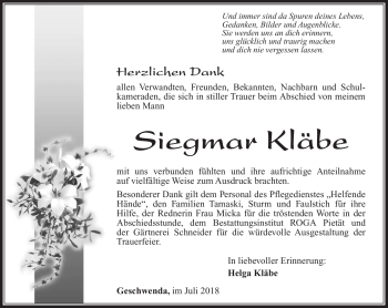 Traueranzeige von Siegmar Kläbe von Südthüringer Presse