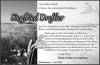 Traueranzeige von Siegfried Dreßler von Südthüringer Presse