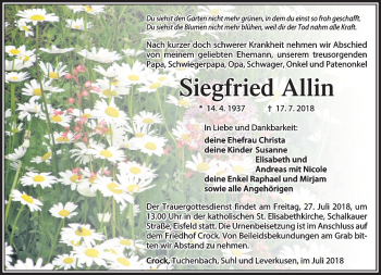 Traueranzeige von Siegfried Allin von Südthüringer Presse
