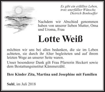 Traueranzeige von Lotte Weiß von Südthüringer Presse