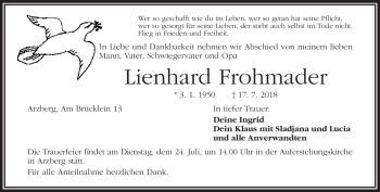 Traueranzeige von Lienhard Frohmader von Frankenpost