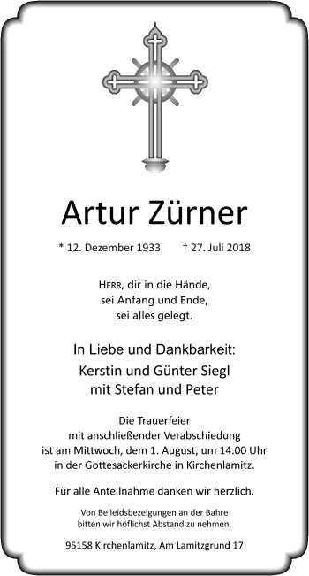 Traueranzeige von Artur Zürner von Frankenpost