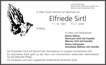 Traueranzeige von Elfriede Sirtl von Frankenpost