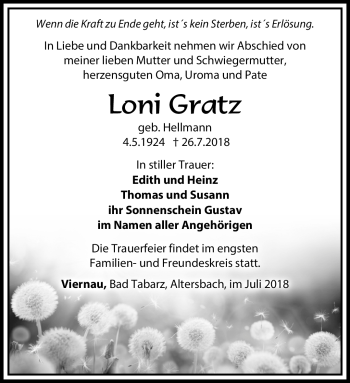 Traueranzeige von Loni Gratz von Südthüringer Presse