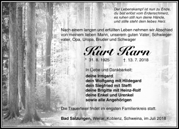 Traueranzeige von Kurt Karn von Südthüringer Presse