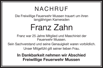 Traueranzeige von Franz Zahn von Frankenpost