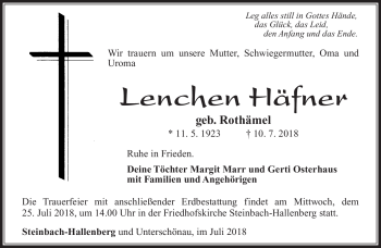 Traueranzeige von Lenchen Häfner von Südthüringer Presse