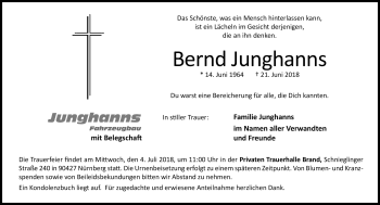 Traueranzeige von Bernd Junghans von Frankenpost