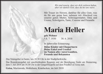 Traueranzeige von Maria Heller von Südthüringer Presse