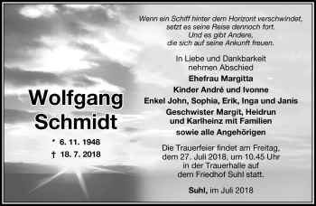 Traueranzeige von Wolfgang Schmidt von Südthüringer Presse