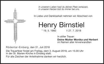 Traueranzeige von Henry Birnstiel von Neue Presse Coburg