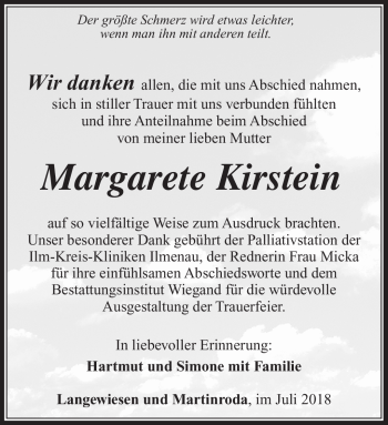 Traueranzeige von Margarete Kirstein von Südthüringer Presse